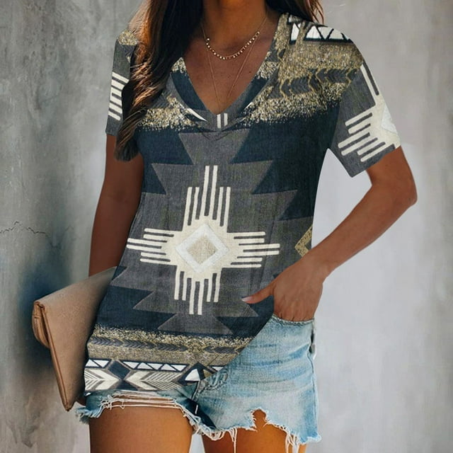 Blouse d'Été Grande Taille à Manches Courtes pour Femmes Mode Imprimée Col en V T-shirt Ample à Manches Courtes Chandail Tops T-shirt Col en V Femmes en Liquidation