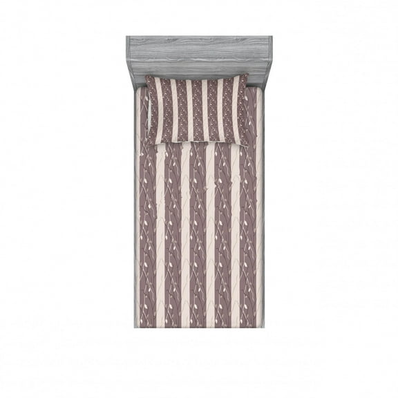 Floral Bedding Set with Sheet & Covers, Earthen Toned Leafless Autumn Inspired Trees Season of Mother Earth Theme, Printed Bedroom Decor 2 Shams, 4 Sizes, Dried Rose Warm Taupe, by Ambesonne