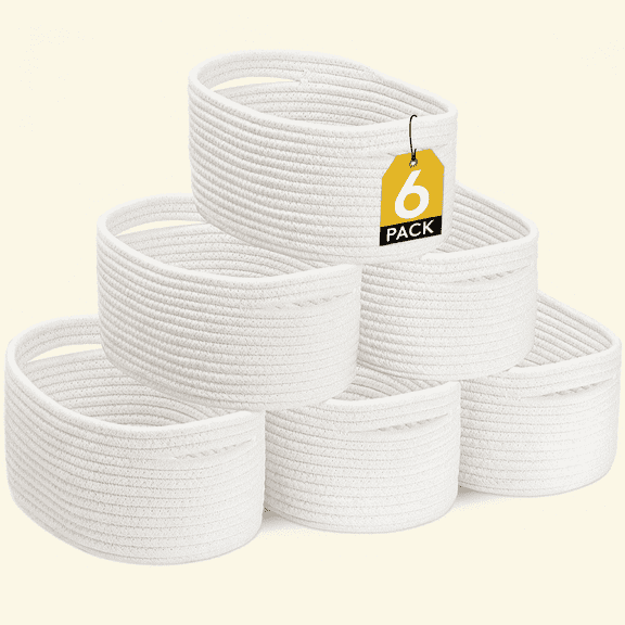 Norcho Woven Baskets, Cotton Rope Cube Storage Bins, Small Shelf Baskets, Round Caddy for Closet/Living/Bedroom/Playroom, White, 6 Pack, Back to School