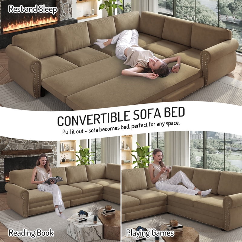 118" L-Shaped Convertible Sleeper Couch Bed, Chenille Upholstered Sectional Sofa with Pull-Out Sofa Bed, Modern Chesterfield Sofa for Living Room