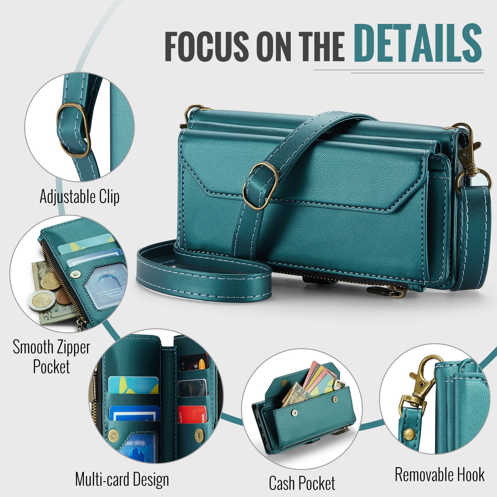 Compatible with iPhone 15 Plus 6.7 inch Zipper Wallet Phone Case Tempered Glass Screen Protector Crossbody Lanyard Strap Flip Card Holder Slot Cell Cover for i Phone15 15+ i15 + 15Plus Women Green