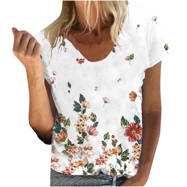 Moda mujer verano manga corta estampado floral con cuello en v camisetas casual blusa tops Fridja hjk5083