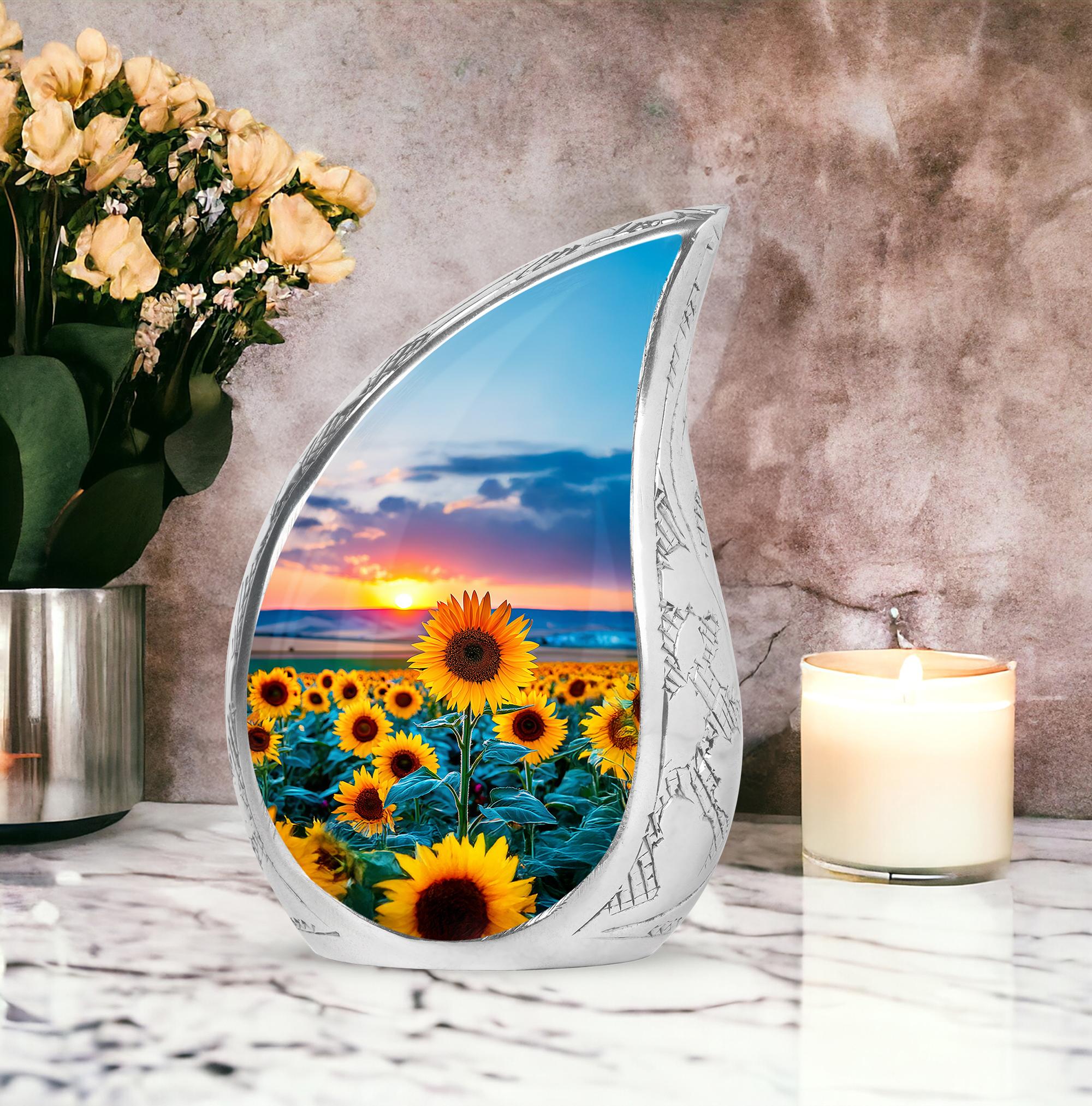 SABURIAL Sunflower Urn - Funeral Cremation Urn for Ashes - Combo 2 - Large with 3 Inch Pack of 2 - Burial Urns - Human Remains for Mom & Dad - Decorative Urns for Adult