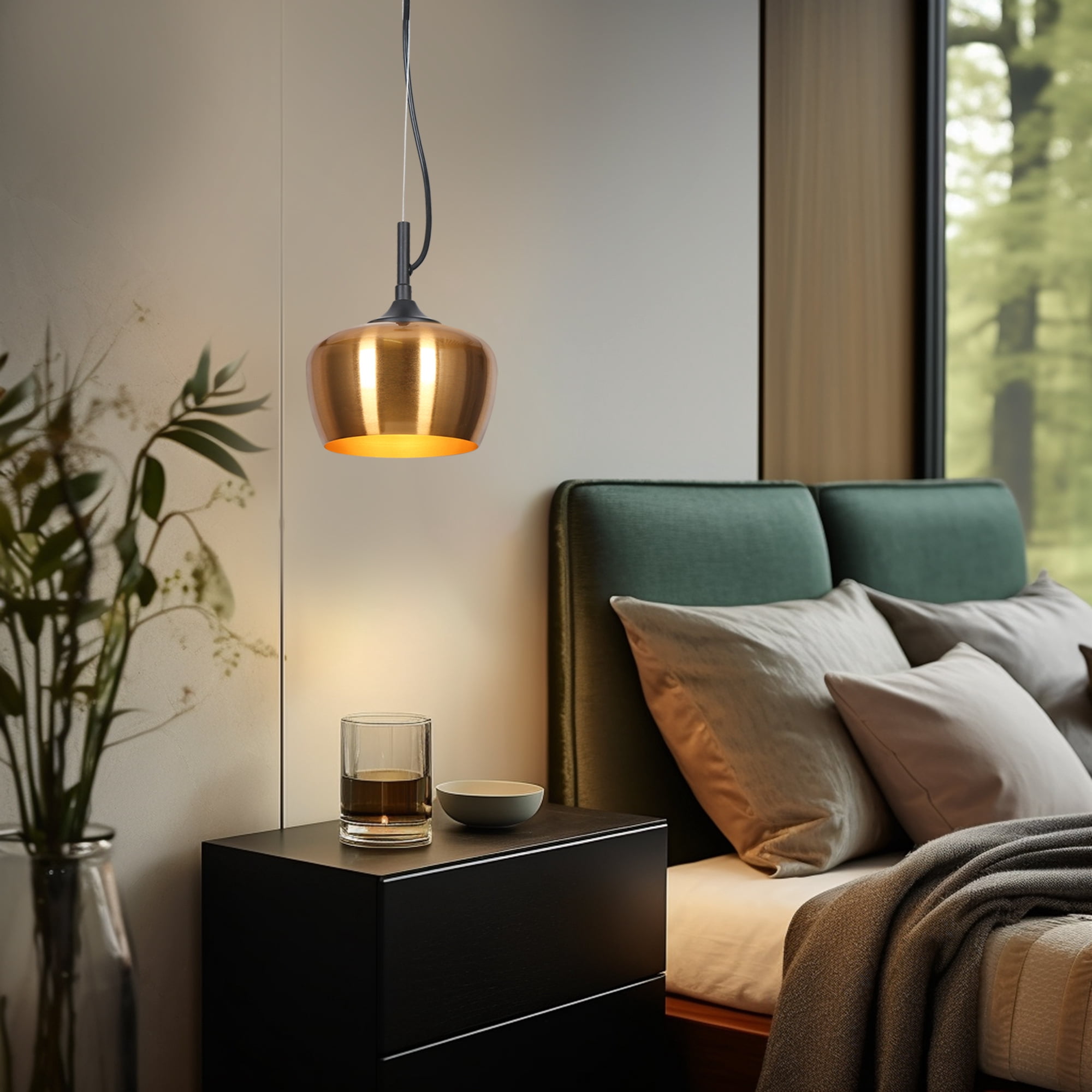 LNC Resplandor 1 -Light Electroplated Copper and Matte Black Mid-century Metal Dome Mini Hanging Pendant Light