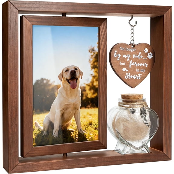 Pet Memorial Picture Frame, Rotating Wooden Frame with Keepsake Jar for 4x6 Photos, Dog and Cat Loss Remembrance Gift