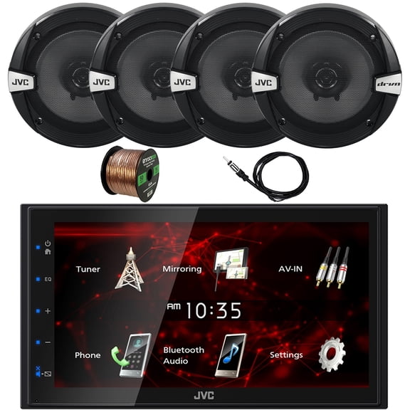 JVC Double DIN 6.8" Touchscreen Bluetooth USB Digital Multimedia Stereo Car Receiver, 4x 6.5" 300 Watt Max Power 2-Way Automotive Audio Speakers, 22" Antenna, 16 Gauge 50 ft Speaker Wire