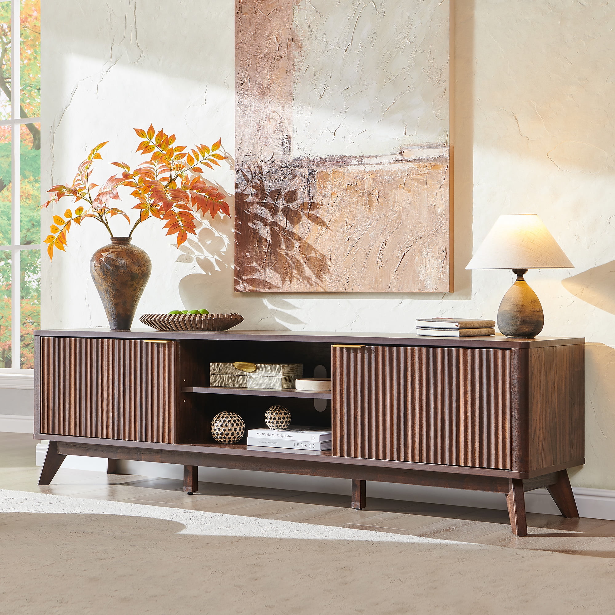 KeyWhat 70" TV Stand with 2 Soft Close Door, Modern Entertainment Center Console Table, Media Furniture for Living Room, Dark Walnut