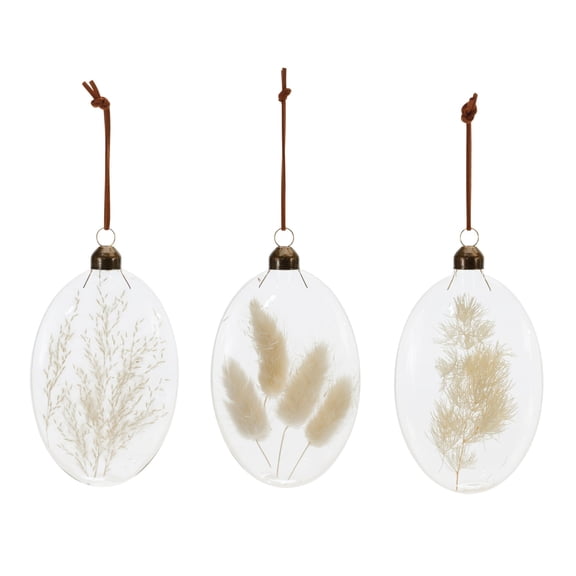 Melrose Natural Dried Floral Glass Christmas Ornaments - 5.5" - White and Beige -12ct
