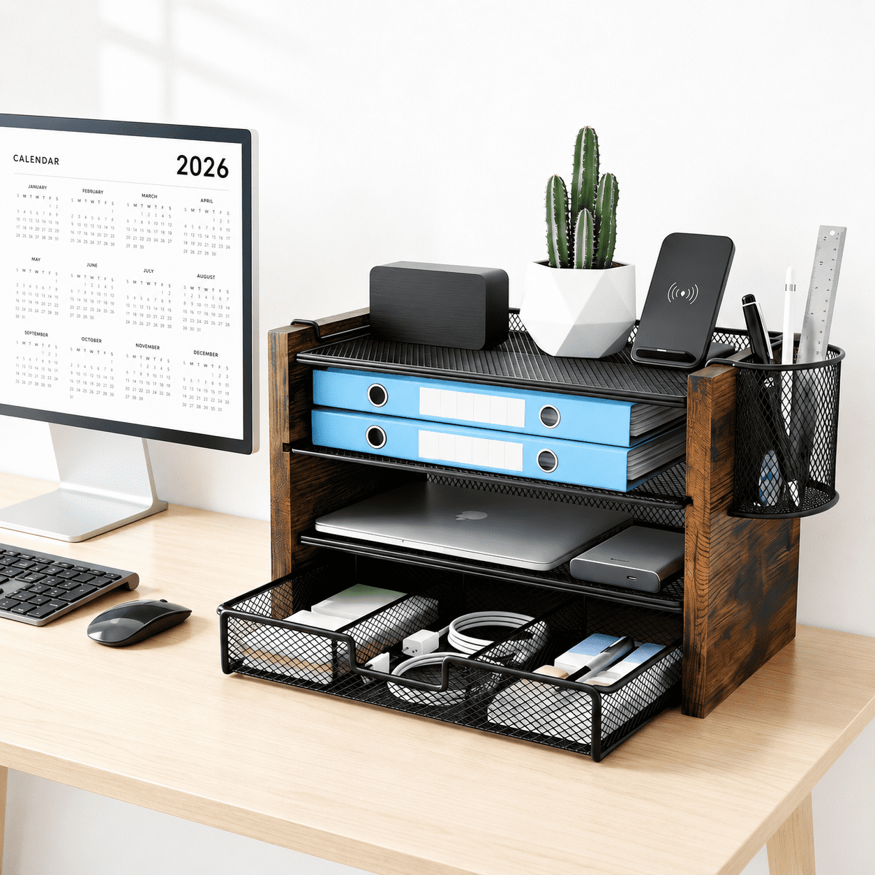 MEHOOM 4-Tier Wooded Desk Organizer Sets, Desktop File Organizer with Drawer and Pencil Holders for Office, Dorm Desktop Setup, Classroom Desk Accessories & Workspace Organizers