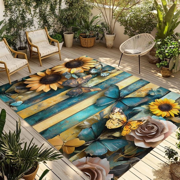 Butterfly Flower Outdoor Rug 5x7 Ft - Reversible Patio Rug Outdoor Camping Rugs, Yellow Teal Vertical Striped Vintage Washable Indoor Outdoor Area Rugs, Non-Slip Outdoor Carpet Runner for Deck/Porch
