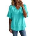 thumbnail image 6 of Stralyhd Linen Tops for Women 3/4 Sleeve Top Casual V Neck Shirt Trendy Work Blouses 2026 Summer Outfits Cyan XL, 6 of 6