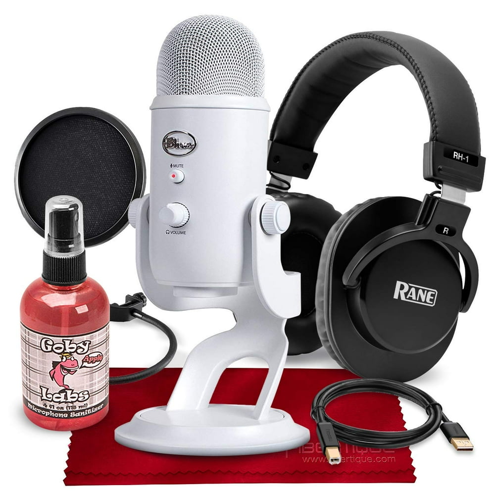 Blue Yeti USB Microphone (Whiteout) with Studio Monitoring Headphones and Pop Filter Deluxe