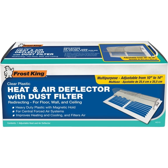 Frost King HD13 Heat and Air Deflector with Dust Filter, Unbreakable, Clear Plastic, Magnetic hold for Central Forced Air Systems, Adjustable 10" to 14"