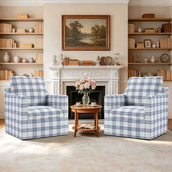 Bonzy Home 360° Swivel Accent Chair Set of 2, Modern Upholstered Armchair with Thick Cushion, Swivel Square Single Sofa Chair for Living Room Bedroom Study Balcony, Blue Plaid