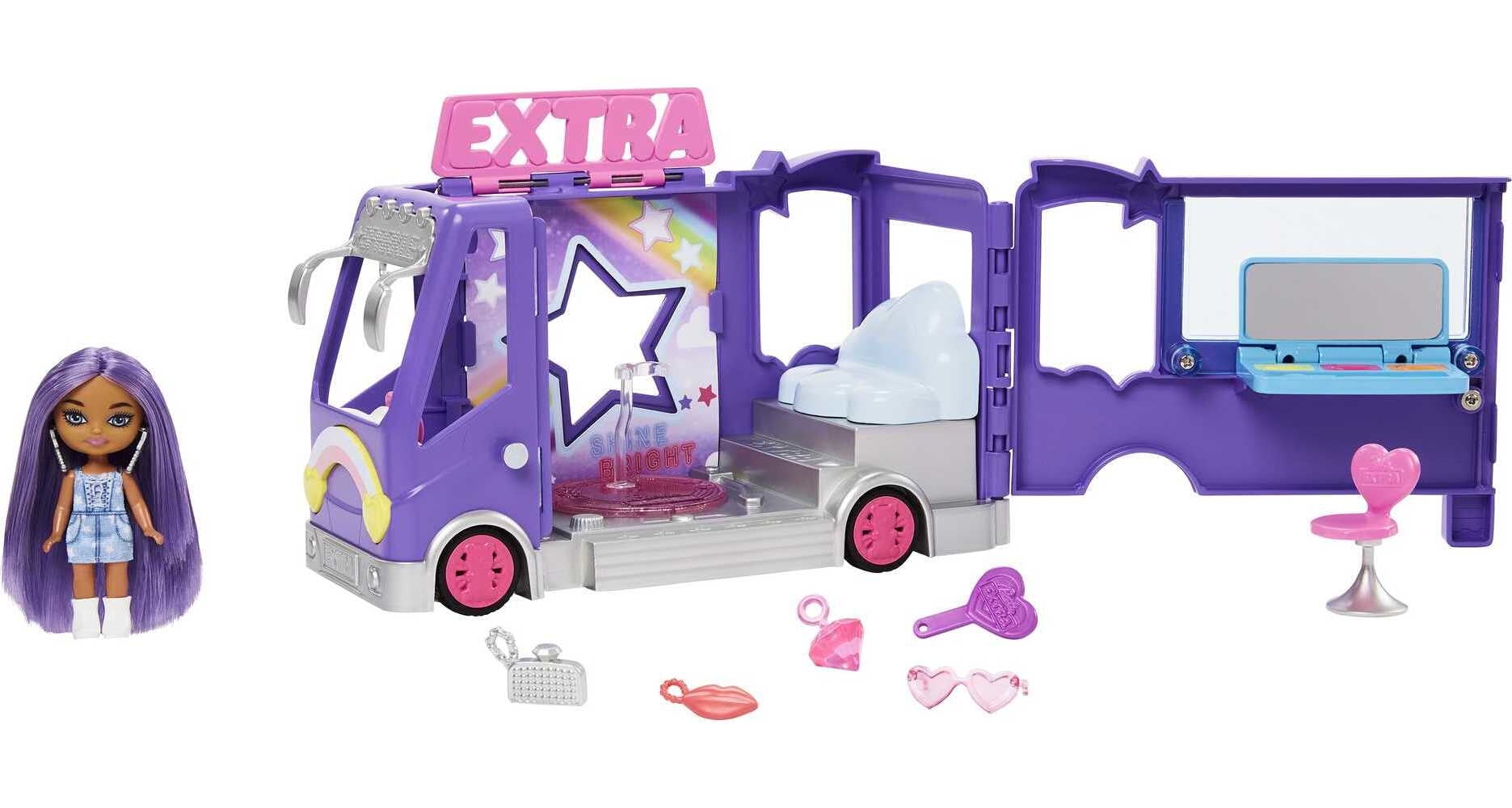 Barbie Extra Mini Minis Tour Bus Playset with Doll, Expandable Vehicle, Clothes and Accessories