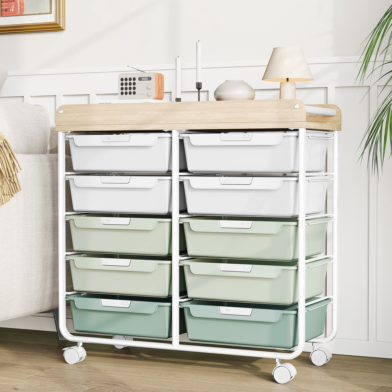Rolling Storage Cart with 10 Drawers, KK KINGRACK Drawer Cart with Sturdy Frame for Craft Office School Storage, Green