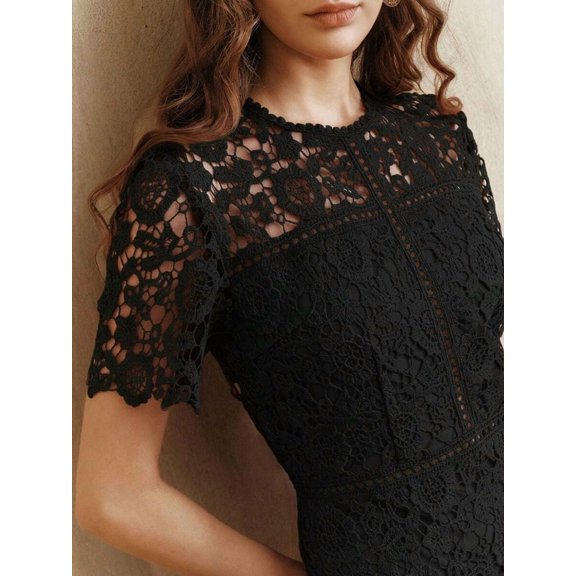 Black Lace Overlay Short Sleeve Sheath Dress With Ruffled Neckline