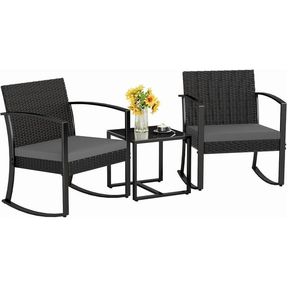 RONG-3 Patio Furniture Set 3 Piece Resin Outdoor Bistro Set Rocking Patio Chairs with Cushions and Table for Porch, Poolside, Balcony and Yard，Grey，Rocking Bistro Sets