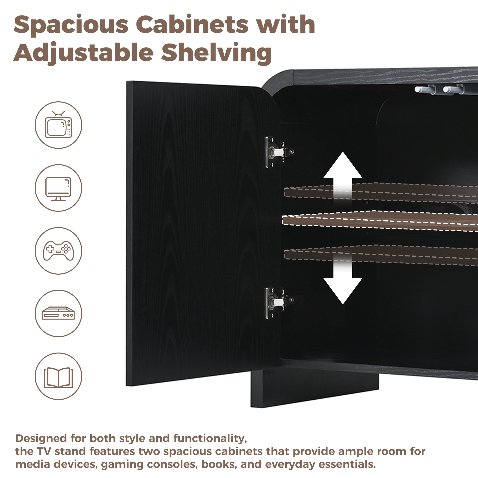 Aukfa Mid Century Modern TV Stand for TVs up to 70",Curved Design & Push-to-Open Doors, Black