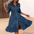 thumbnail image 5 of larppty Women's 2026 Vacation Flowy Denim Dress Puff Sleeve Button Down A-Line Ruffled Hem Midi Shirt Dress（Blue， L）, 5 of 6