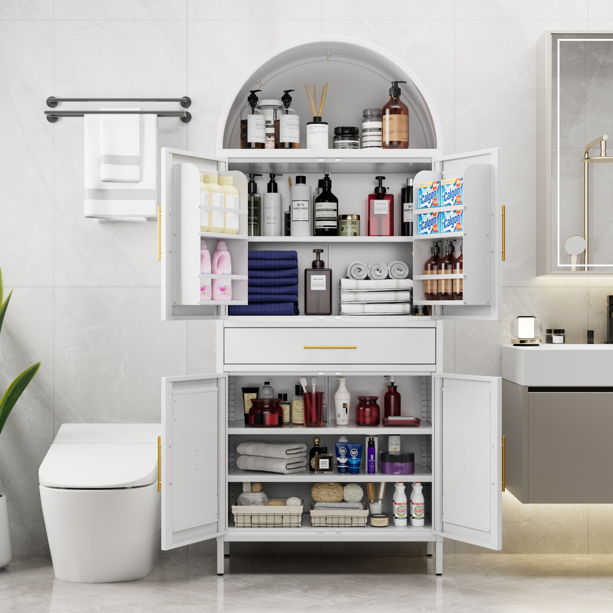 HUAXRON 73” Kitchen Pantry Cabinet with 1 Drawer, Arched Storage Cabinet with Doors and Adjustable Shelves, Tall Freestanding Cupboard for Kitchen,Living Room，Dining Room，Assembly Required,White