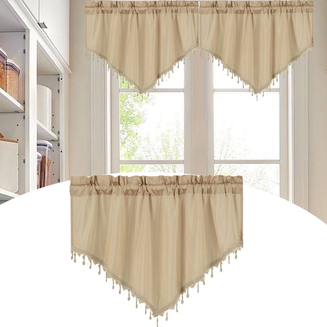 Cenefa de cortina con bolsillo para barra, triángulo con borla, cortina corta pequeña, cenefa corta para decoración de dormitorio, cafetería y baño Beige