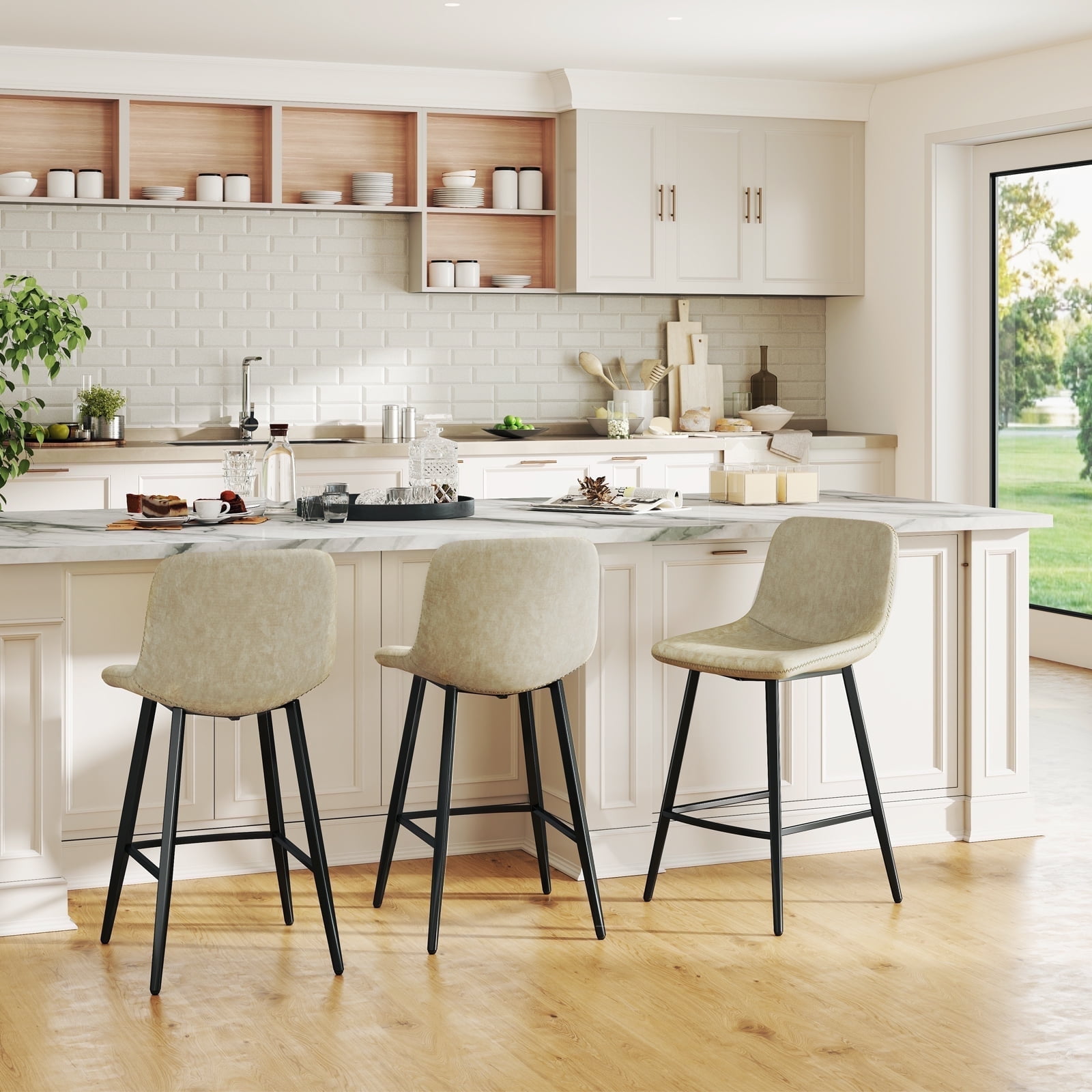 TAVR 600 lbs Counter Height Bar Stools Set of 3, 24 inch Leather Barstools with Back and Metal Legs for Kitchen Island, Beige