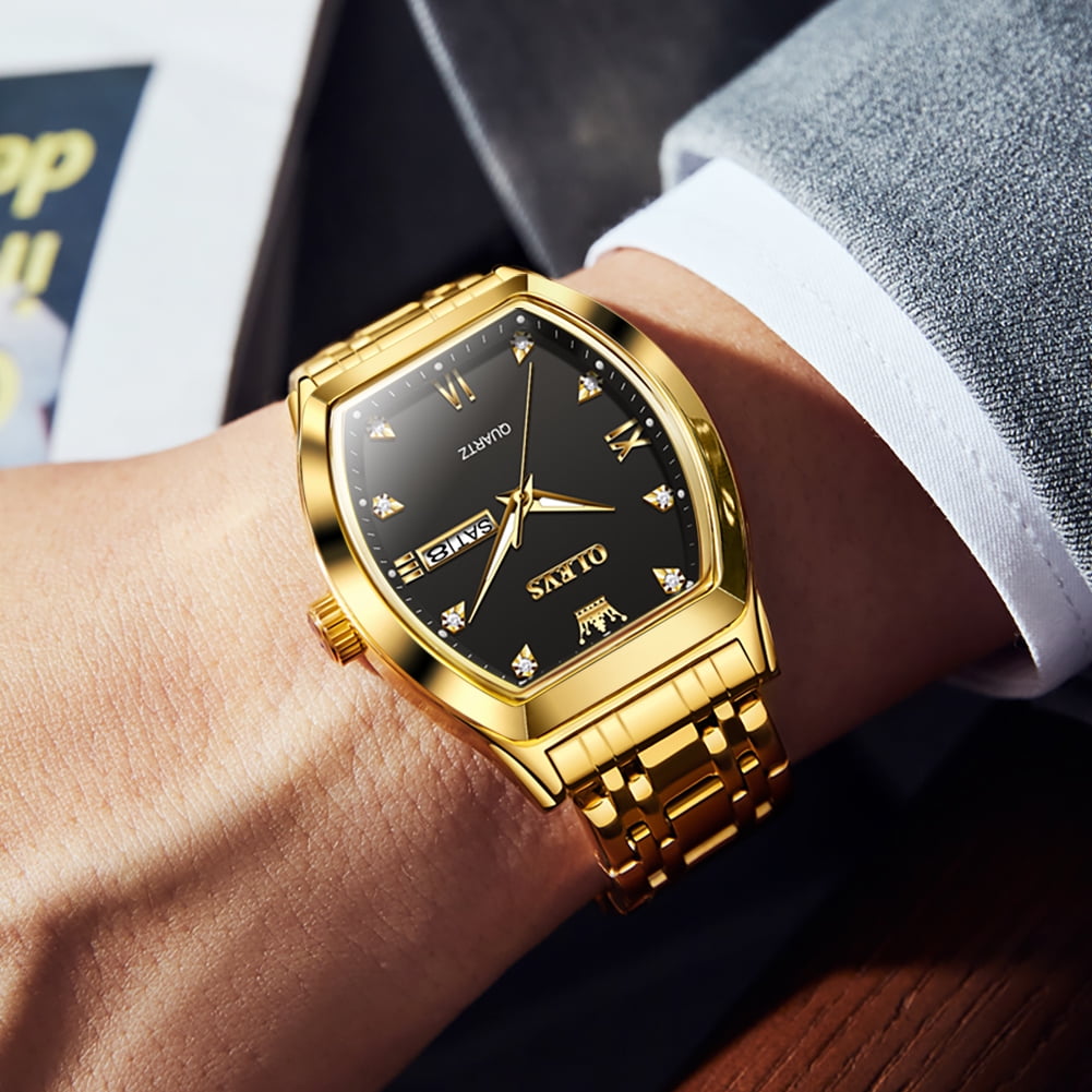 OLEVS Mens Watches Square Business Dress Diamond Analog Quartz Date Luxury Watches for Men Dress Casual Stainless Steel Waterproof Luminous Mens Wrist Watches Gifts Reloj para Hombre Gold/Black Dial