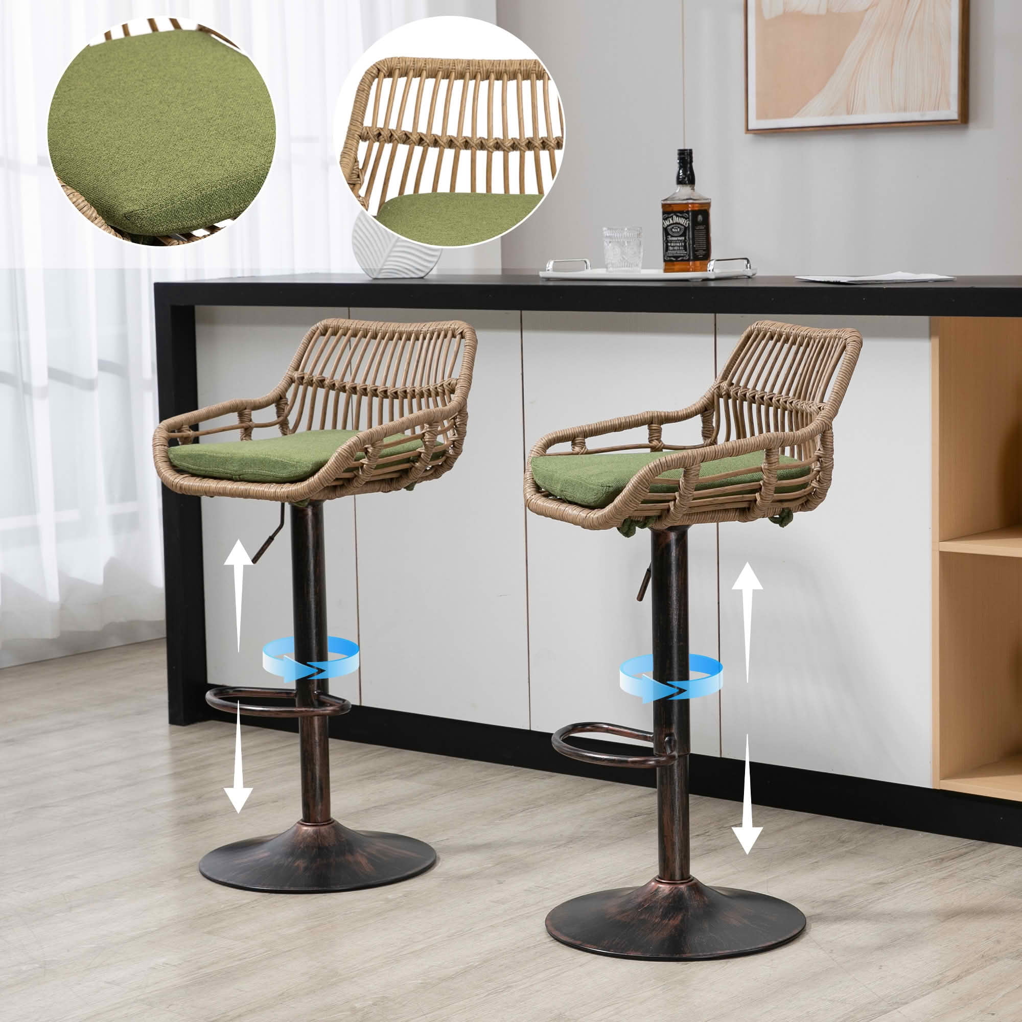 MAYEERTY Swivel Bar Stools Set of 2, Adjustable Height Chairs with Footrest, Linen and PE Rattan Back, Green