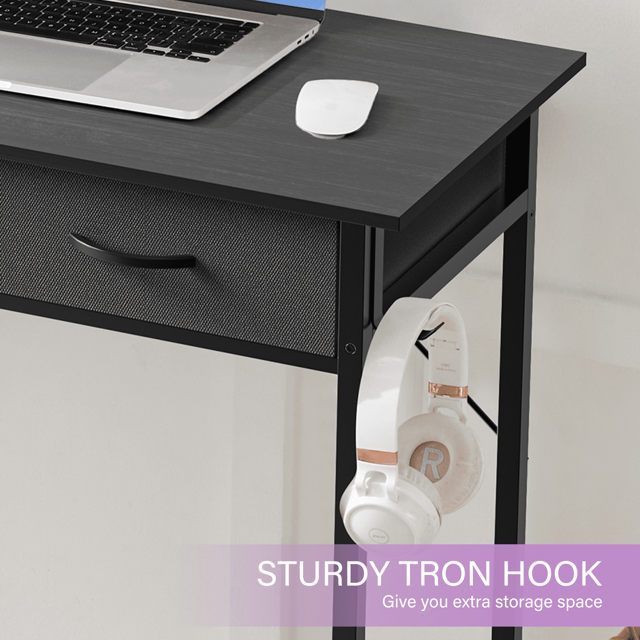 CONCETTA 32 inch Small Computer Desk with Fabric Drawers & Storage Bag Iron Hook for Bedroom, Black