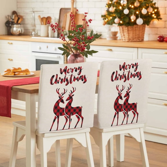 Merry Christmas Chair Covers Set of 4 Winter Red Plaid Elk Xmas Linen Chair Back Covers Stretch Removable Washable Slipcovers Protector for Dining Room Kitchen Party Decor