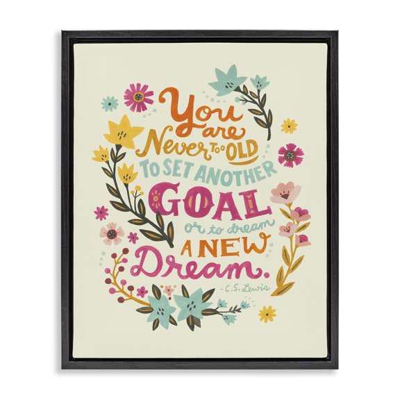 Stupell Industries Eclectic Never Too Old Inspiring Quote Black Floating Frame Canvas Art, 17 x 21, by Irene Chan