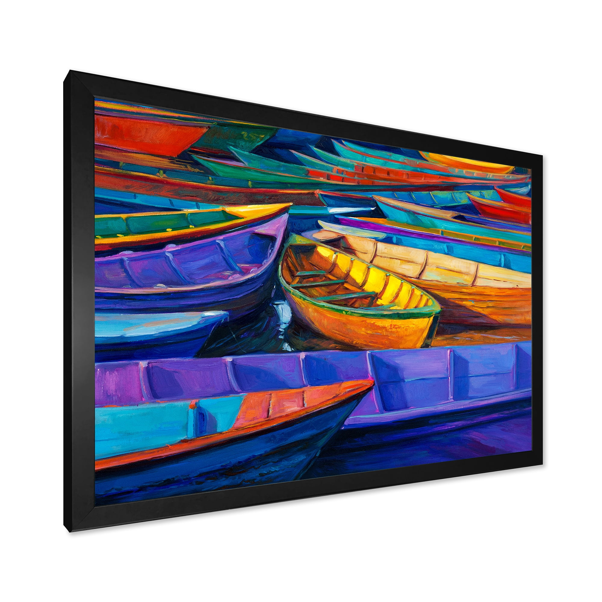 Boats During Warm Sunset Resting On The Water II 32 in x 16 in Framed Painting Canvas Art Print, by Designart