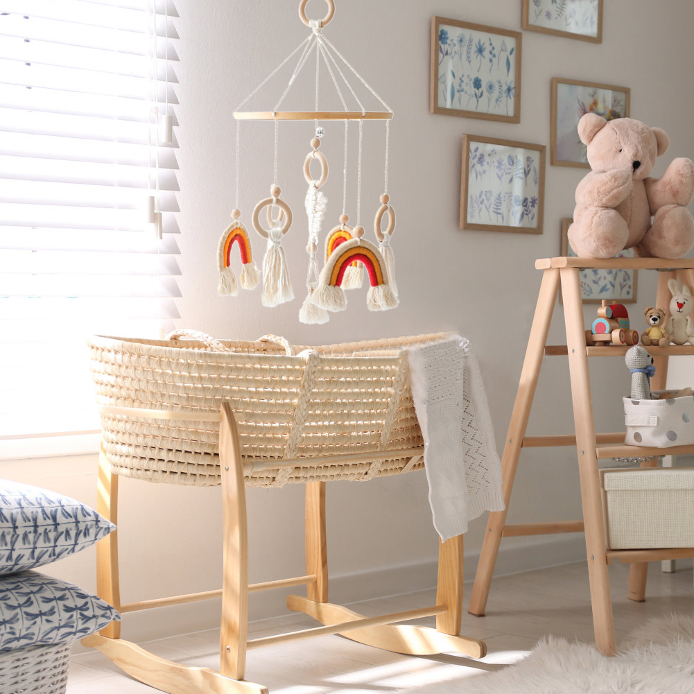 Rainbow Crib Bell – Baby Bed Hanging Wind Chime with Tassels & Wooden Rings, Rotating Swaying Bell for Newborn, Infant Sensory & Nursery Room Decoration
