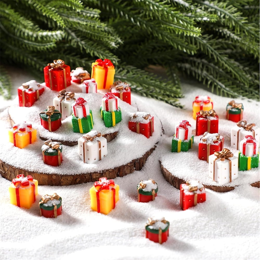 NOGIS 50 Pcs Christmas Miniature Resin Gift Boxes Multicolor Mini Christmas Ornaments Xmas Miniature Figurines Charms for Craft DIY Garden Accessories (Style A)