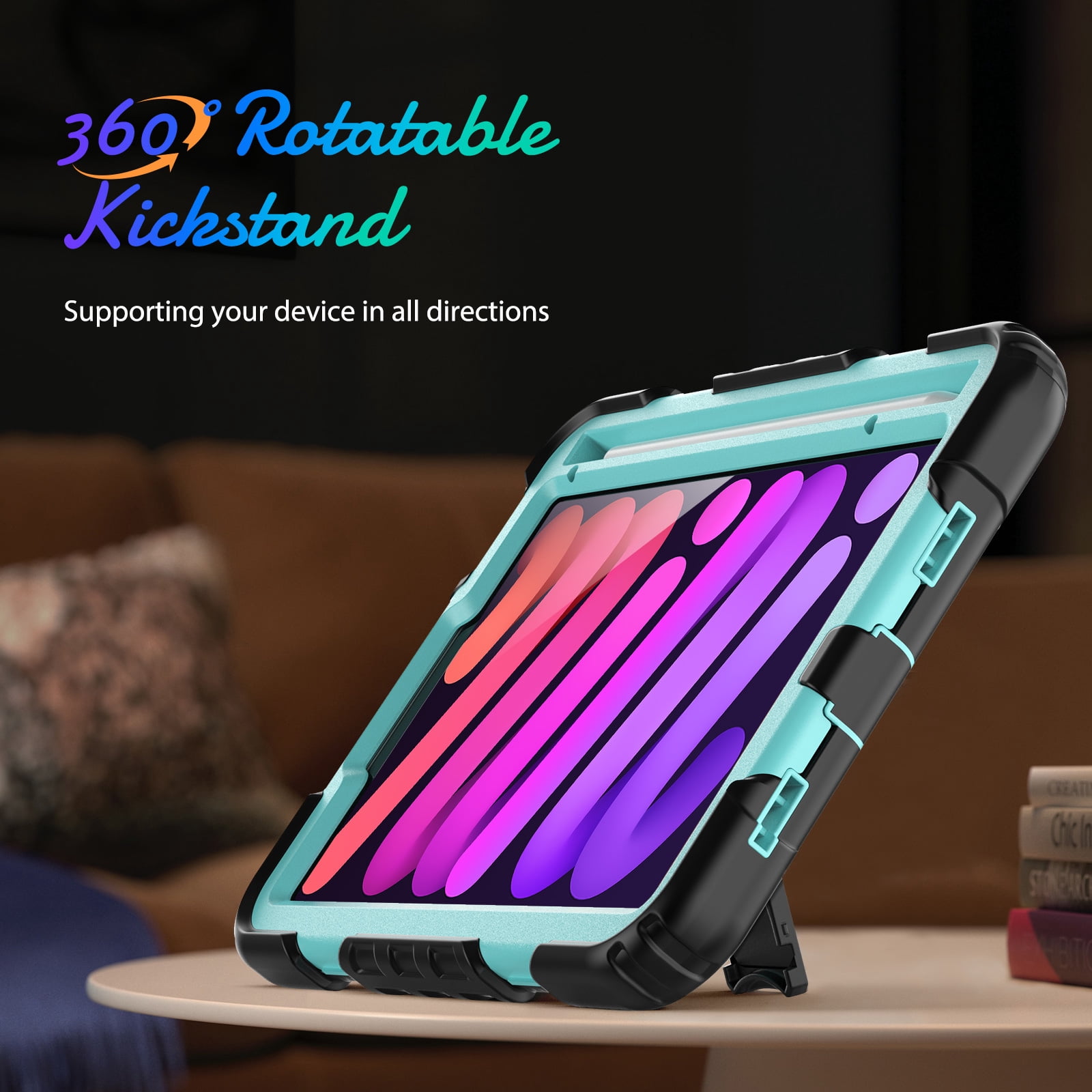 Shockproof Case for Apple iPad mini 6 /7 8.3" with Build In Screen Protector, Rugged Rotating Stand Shoulder Strap Pencil Holder Kids Friendly Bumper Case for Apple iPad mini 6/ Mini 7, Mint+Black