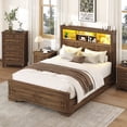 thumbnail image 2 of ANPOO Farmhouse Queen Size Bed Frame with 51" Tall Headboard & 4 Drawers, Queen Bed Frame and Headboard with LED Lights & Charging Ports, No Box Spring Needed, Wooden, Antique Brown, 2 of 12