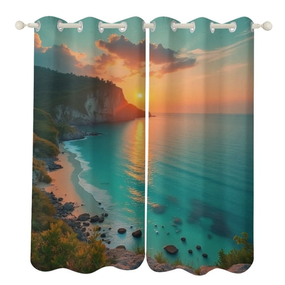 Sunset Over Rocky Coastline 2 Panels 3D Printing Pattern Curtain for Bedroom Living Room Kitchen Window Decoration Home