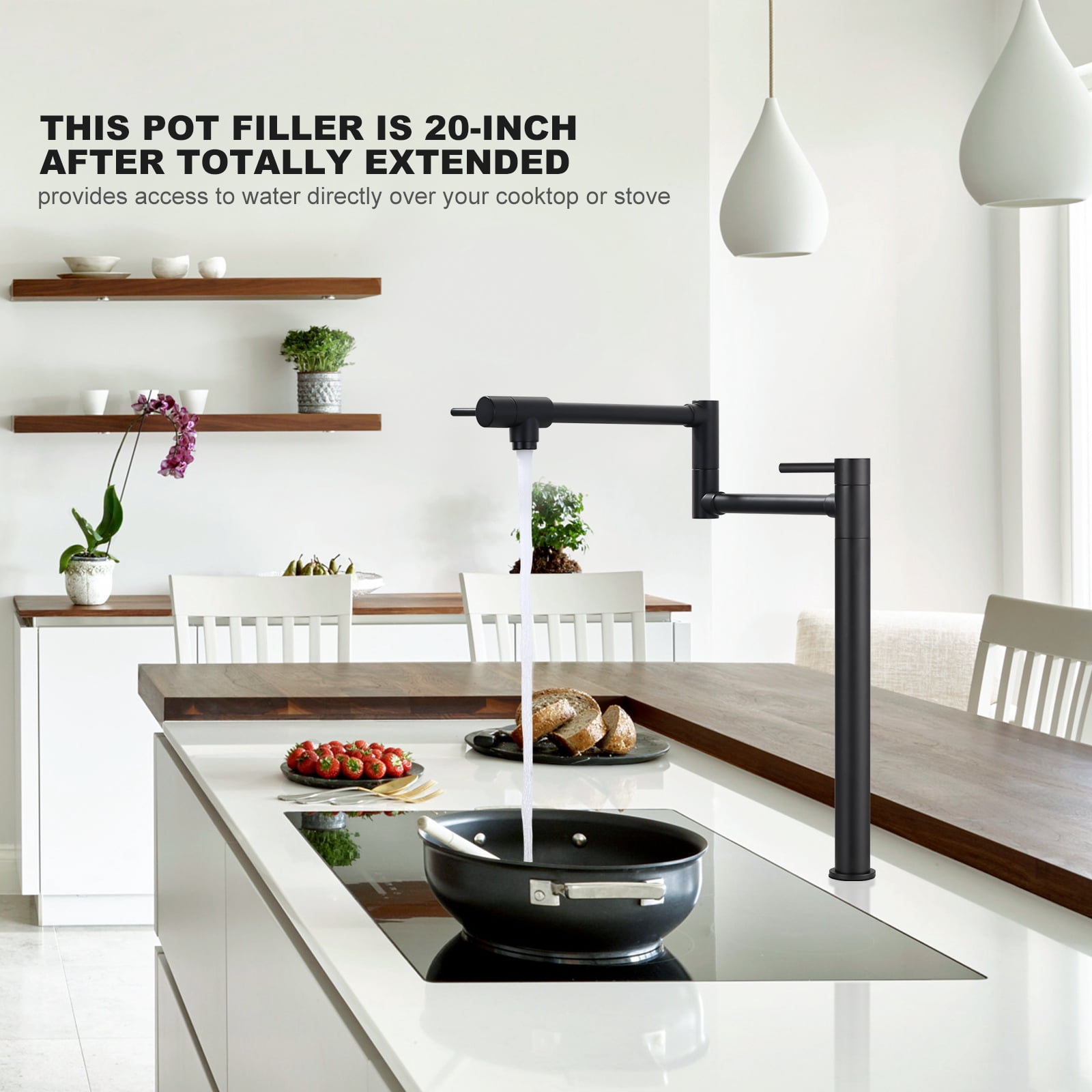Wowow Pot Filler Faucet Deck Mount Stove Faucet, Solid Brass Pot Filler Matte Black Kitchen Folding Faucet with Stretchable Double Joint Swing Arm (Modern Style, Matte Black)