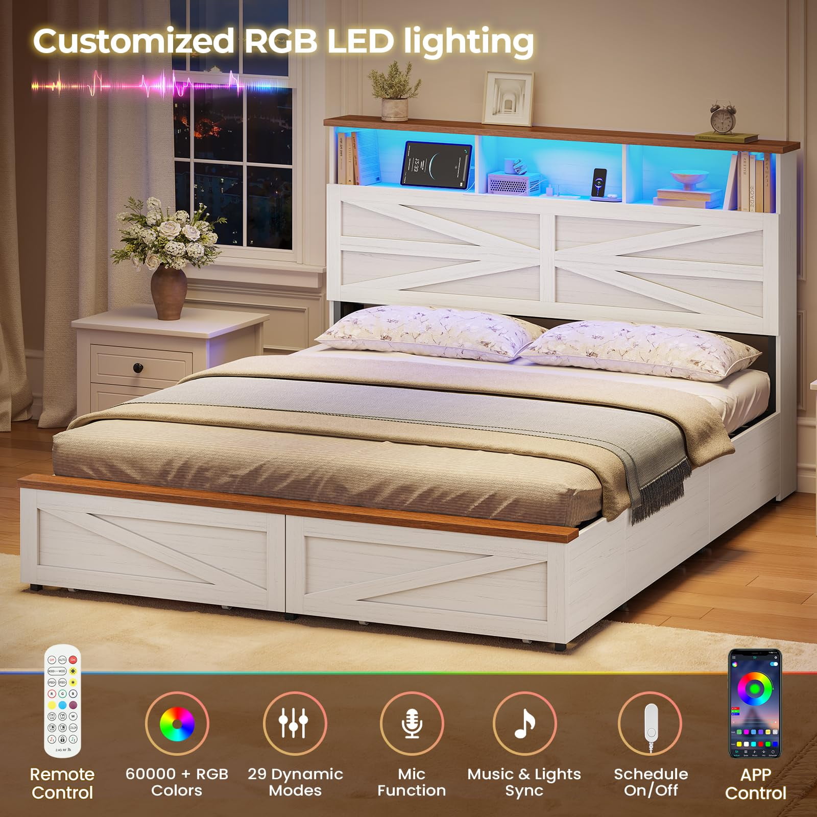 Queen Bed Frame with 6 Drawers, Farmhouse Bed Frame with Barn Door Headboard and Storage, Wood Platform Bed Frame Queen Size with Charging Station and LED Lights, No Box Spring Needed, White