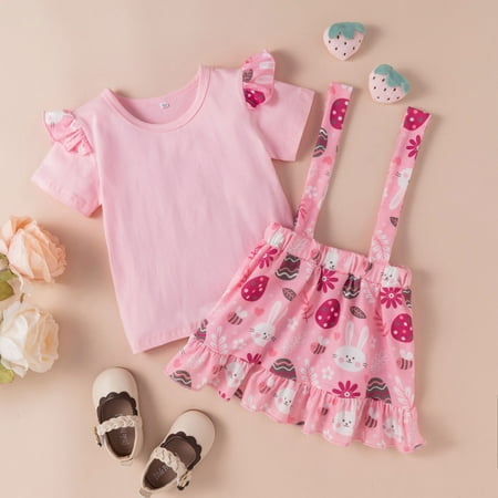 

Lilgiuy Toddler Fashion Clothes Baby Girls Cute Summer Rabbit Print Short Sleeves Suspender Skirt Suit