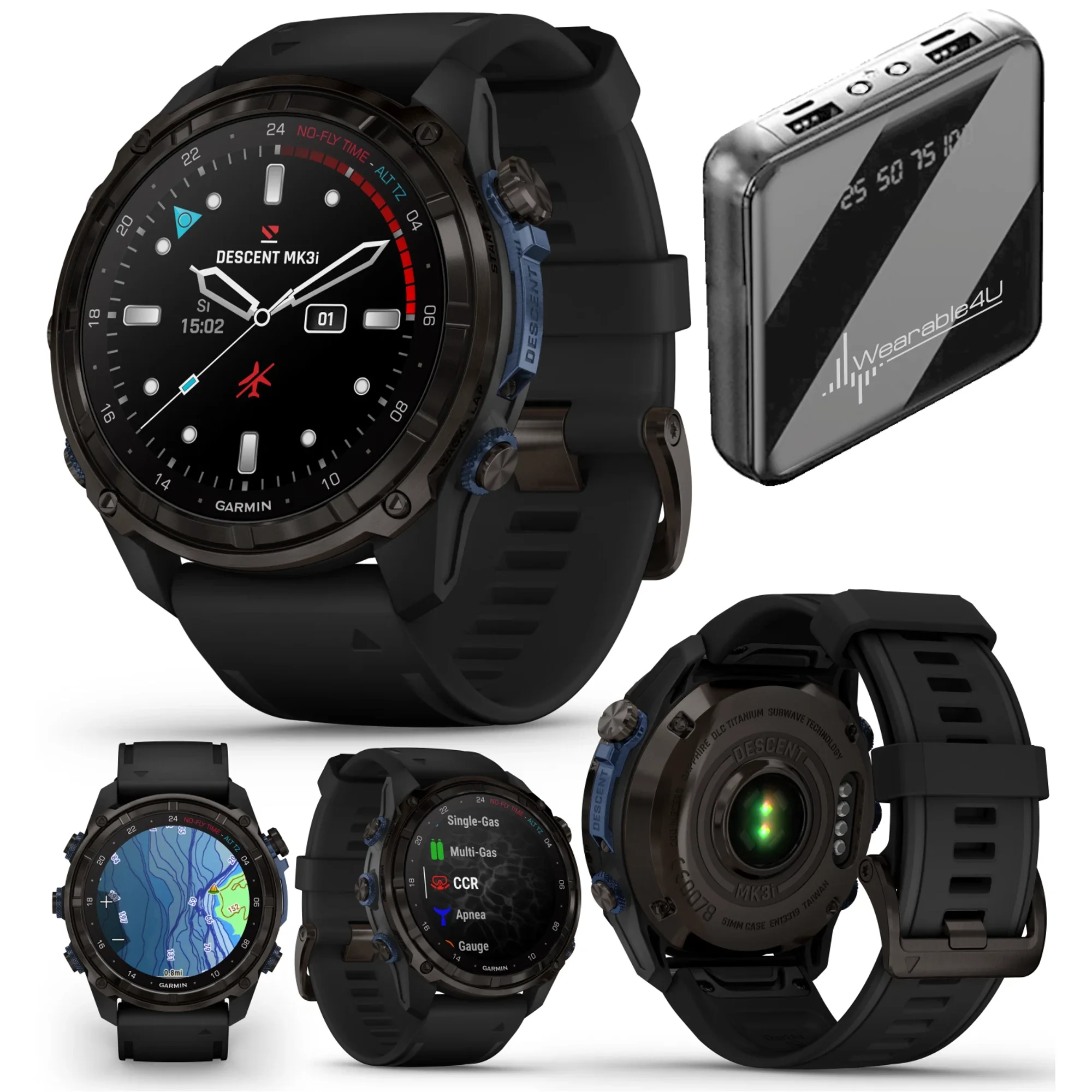 Garmin Descent Mk3i 51 mm Titanium Dive Computer +Extra-Long Strap, AMOLED Display, GPS Smartwatch & Wearable4U Gift Bundle (010-02752-10)