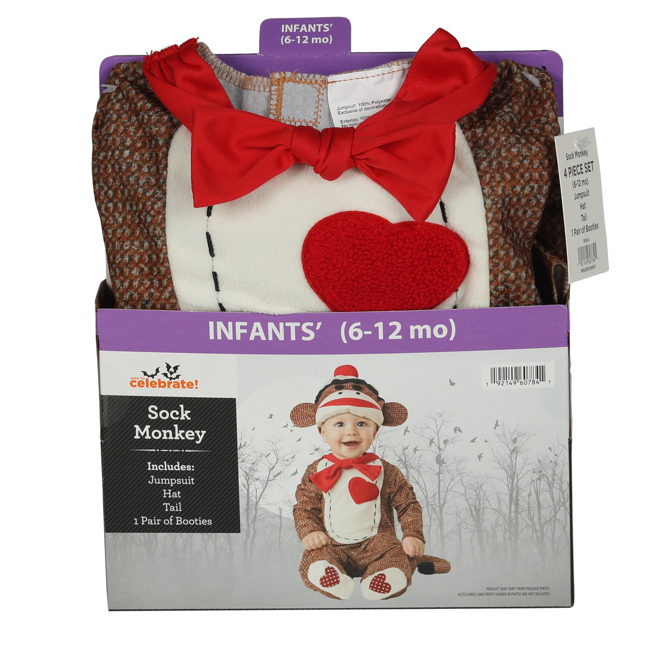 Sock Monkey Halloween Costume for Infant, Size 6-12M, by Way to Celebrate
