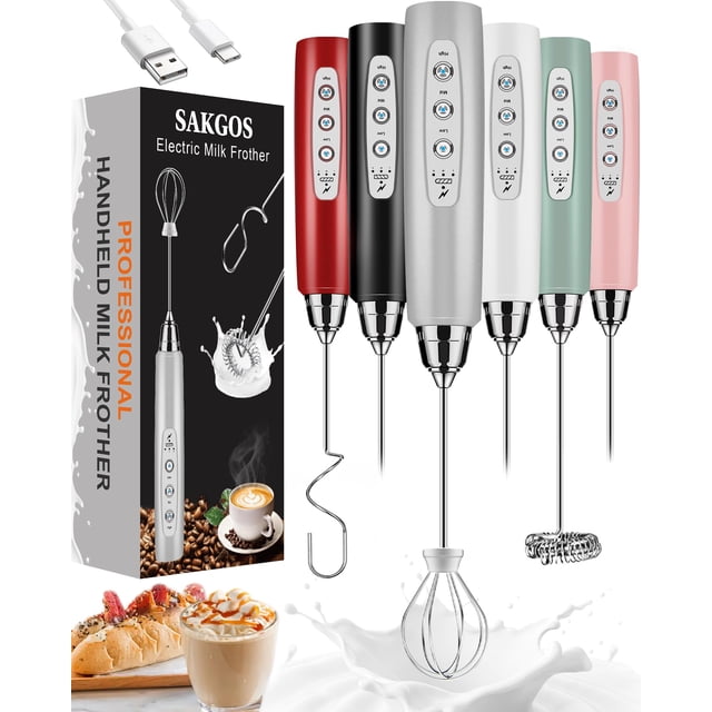 Sakgos Mousseur à Lait Rechargeable Fouet Électrique Portatif 3 Vitesses Réglables, Mousseur à Café avec 3 Fouets en Acier Inoxydable, Mousseur Électrique, Boisson