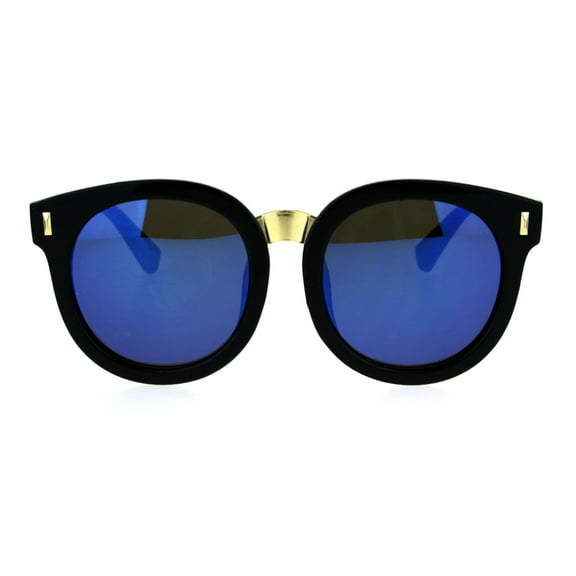 Kids Childern Size Color Mirror Plastic Retro Round Horned Rim Sunglasses Black Blue