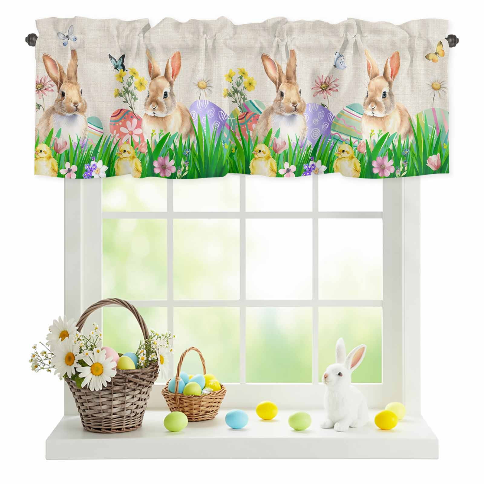 Valances for Windows Easter Rabbit Eggs on Spring Flowers Rod Pocket Short Curtain for Bathroom Living Room Bedroom Watercolor Butterfly on Linen 1 Panel 54x18in