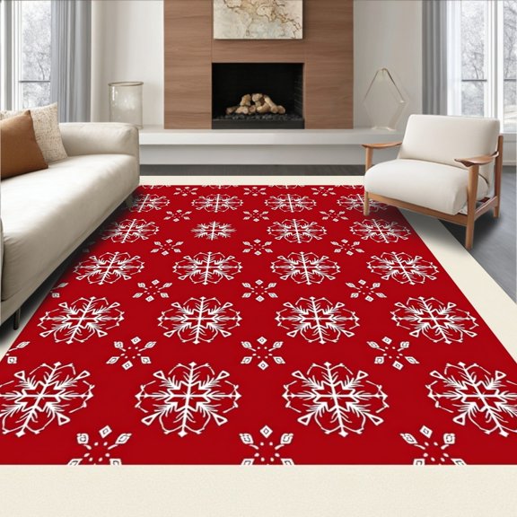 ODIKA 4'x6' Machine Washable Non-Slip Area Rug, Festive Snowflake Winter Wonderland Accent Decorative Floor High Traffic Rug, Red, 606701