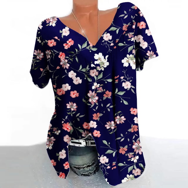 Liquidation d'Économies! BEFOKA T-Shirt Grande Taille pour Femmes, Blouse Décontractée d'Été pour Femmes, Blouse à Manches Courtes Col Imprimé pour Femmes