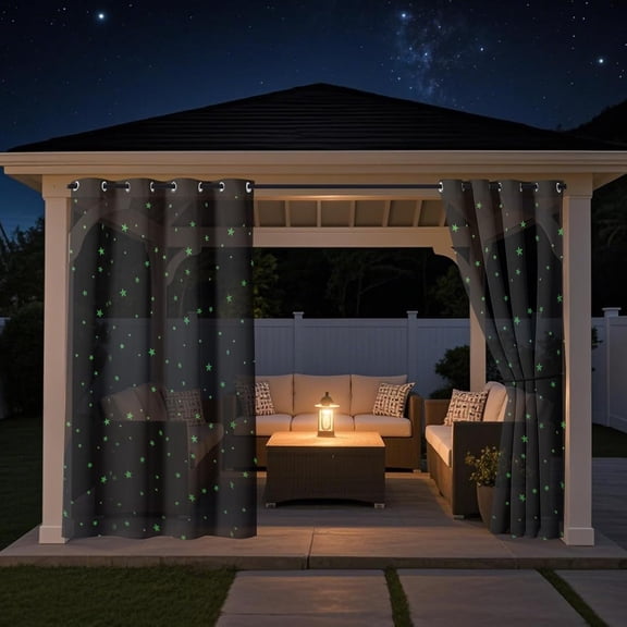 Outdoor Sheer Curtains for Patio, 2 Panels Waterproof and Glow in The Dark Star Print Voile Drapes Privacy Living Room, Gazebo, Porch, Balcony, Black, 52" W x 96" L