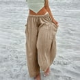 thumbnail image 2 of Tuphregyow Women's Cotton Linen Baggy Pants Clearance Wide Leg Casual Loose with Pockets Pants Trendy New Style High Waist Loose Wrap Pants Drawstring Outdoor Solid Khaki XXXL, 2 of 8